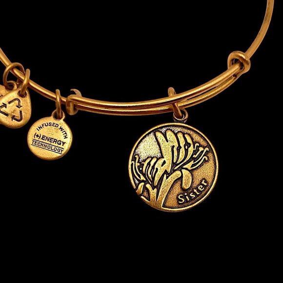 Alex and Ani Sister Charm Bracelet Bangle Adjustable Gold Tone USA Made Y2K - Picture 6 of 14